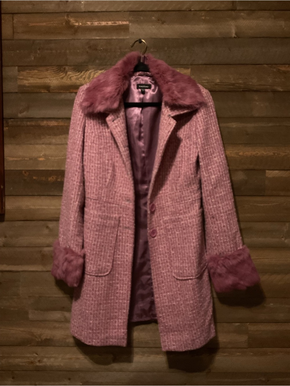 Vintage Wool Bebe Pink Tweed Jacket/Coat With Faux Fur Women’s Size Medium